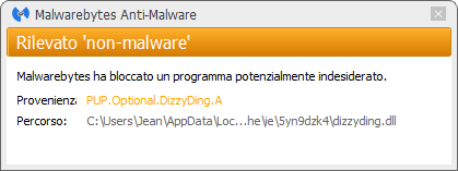 DizzyDing bloqué par Malwarebytes Anti-Malware Premium