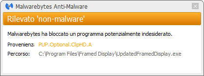 Framed Display détecté par Malwarebytes Anti-Malware Premium