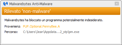 PennyBee détecté par Malwarebytes Anti-Malware Premium