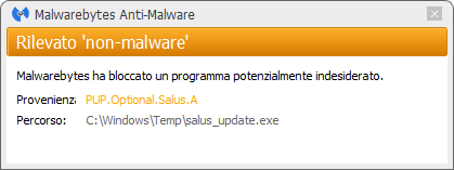 Salus détecté par Malwarebytes Anti-Malware Premium