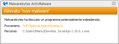 Search Snacks bloqué par Malwarebytes Anti-Malware Premium