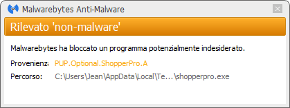 Shopper-Pro bloqué par Malwarebytes Anti-Malware Premium