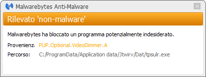 VideoDimmer détecté par Malwarebytes Anti-Malware Premium