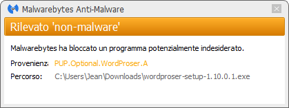 WordProser bloqué par Malwarebytes Anti-Malware Premium