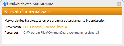 CommonShare détecté par Malwarebytes Anti-Malware Premium
