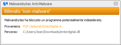 EnterDigital détecté par Malwarebytes Anti-Malware Premium