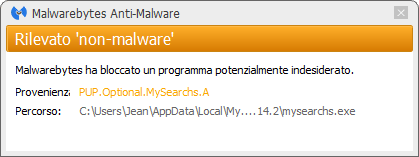 MySearchs bloqué par Malwarebytes Anti-Malware Premium